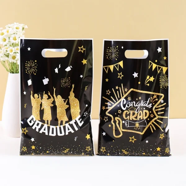 10/20/50pcs Black White Graduation Plastic Gifts Bags, Congrats GRAD Handheld Bags Candy Biscuit Baking Gift Wrapping Favor Bag 4
