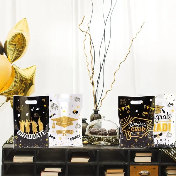 10/20/50pcs Black White Graduation Plastic Gifts Bags, Congrats GRAD Handheld Bags Candy Biscuit Baking Gift Wrapping Favor Bag 6