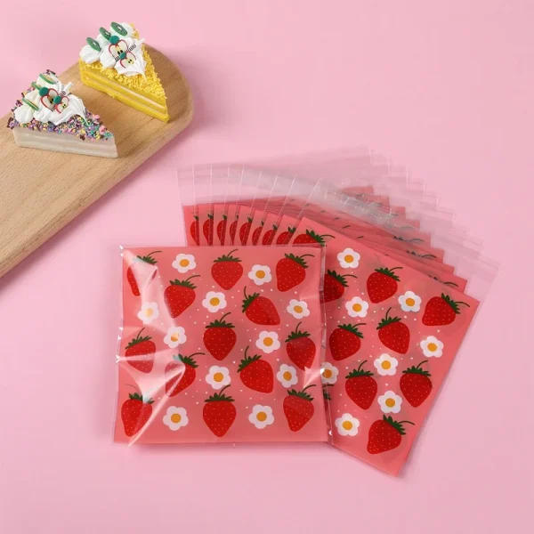 Strawberry Self-adhesive Bags Pink Strawberry Cellophane Bags Girls Party Favor Candy Gift Packaging Bag Birthday Party Decors 2