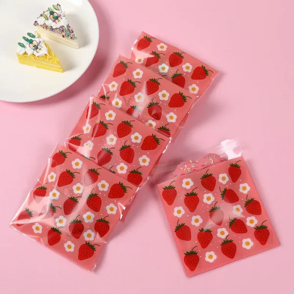 Strawberry Self-adhesive Bags Pink Strawberry Cellophane Bags Girls Party Favor Candy Gift Packaging Bag Birthday Party Decors 3