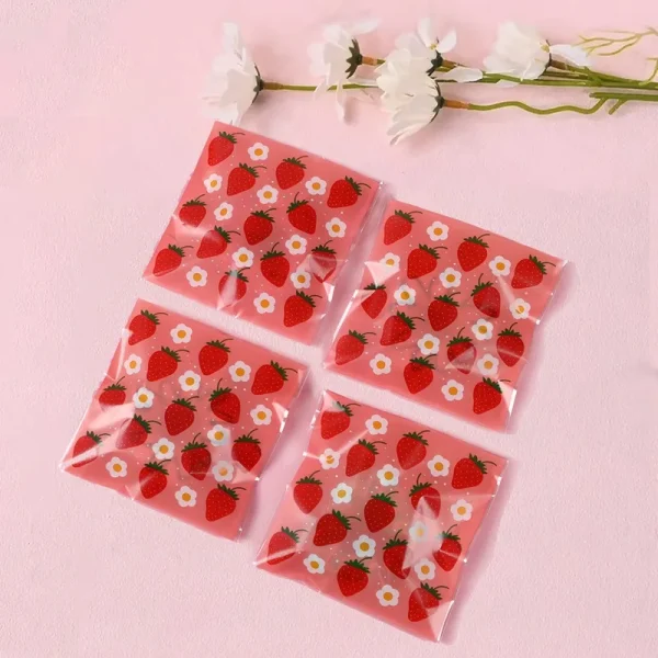 Strawberry Self-adhesive Bags Pink Strawberry Cellophane Bags Girls Party Favor Candy Gift Packaging Bag Birthday Party Decors 4