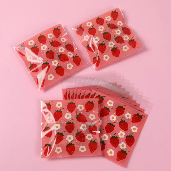 Strawberry Self-adhesive Bags Pink Strawberry Cellophane Bags Girls Party Favor Candy Gift Packaging Bag Birthday Party Decors 5