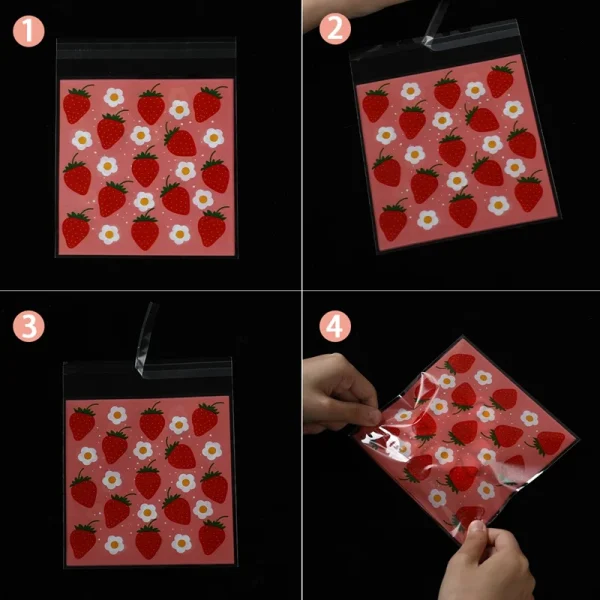 Strawberry Self-adhesive Bags Pink Strawberry Cellophane Bags Girls Party Favor Candy Gift Packaging Bag Birthday Party Decors 6