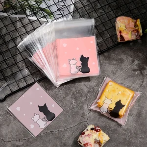100Pcs Cookie Bags Self-Adhesive Bags Pink Couple Cats Biscuits Candy Jewelry Gift Packaging Plastic Bag 1