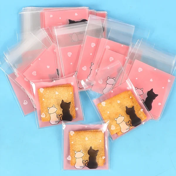 100Pcs Cookie Bags Self-Adhesive Bags Pink Couple Cats Biscuits Candy Jewelry Gift Packaging Plastic Bag 2