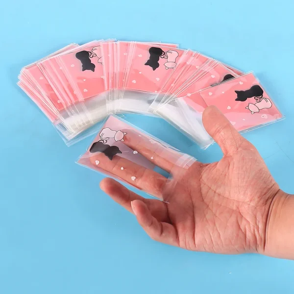 100Pcs Cookie Bags Self-Adhesive Bags Pink Couple Cats Biscuits Candy Jewelry Gift Packaging Plastic Bag 4