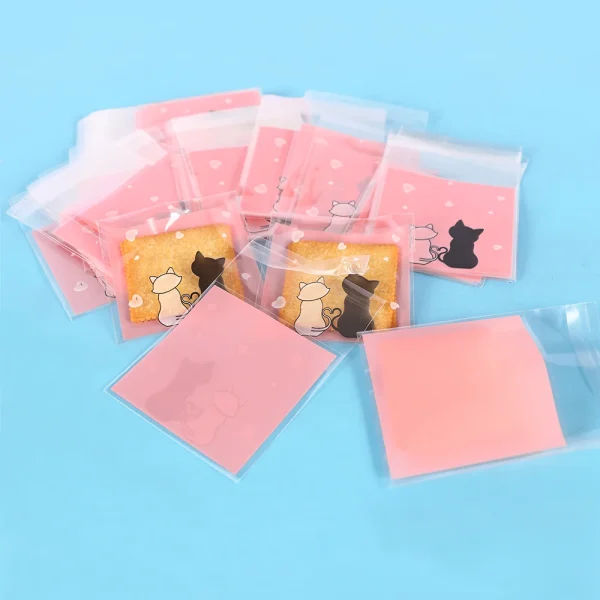 100Pcs Cookie Bags Self-Adhesive Bags Pink Couple Cats Biscuits Candy Jewelry Gift Packaging Plastic Bag 5