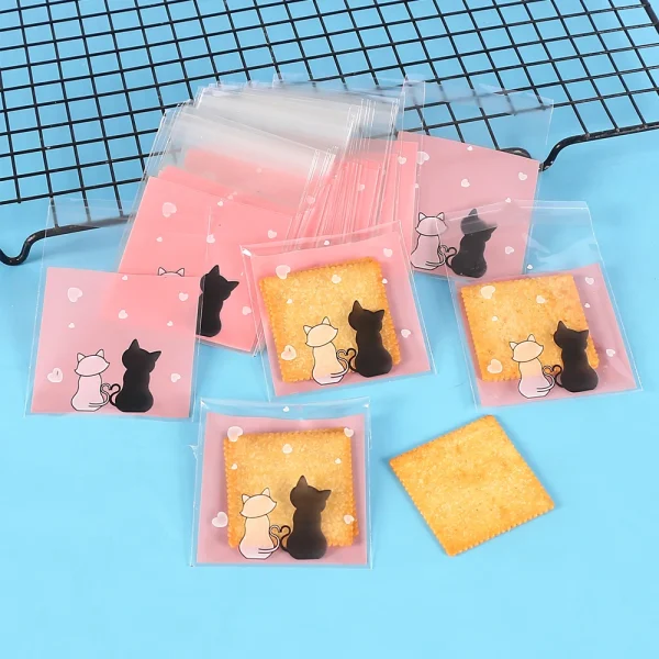 100Pcs Cookie Bags Self-Adhesive Bags Pink Couple Cats Biscuits Candy Jewelry Gift Packaging Plastic Bag 6