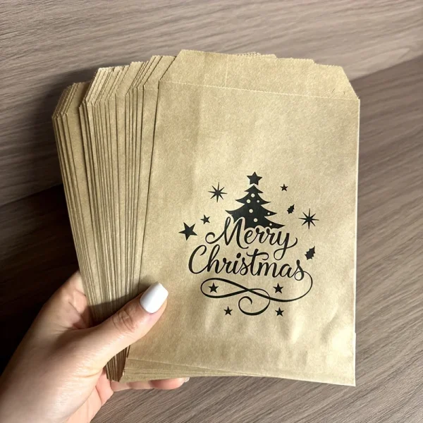 25-Pack Christmas Kraft Paper Gift Bags with Christmas Tree Design for Holiday Party Favors, Xmas Candy Cookie Packaging 1