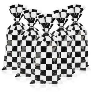 25/50pcs Race Car Party Gift Bags Black and White Checkered Candy Bags Racing Theme Cellophane Bags with Twist Ties 1