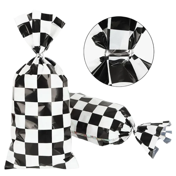 25/50pcs Race Car Party Gift Bags Black and White Checkered Candy Bags Racing Theme Cellophane Bags with Twist Ties 2