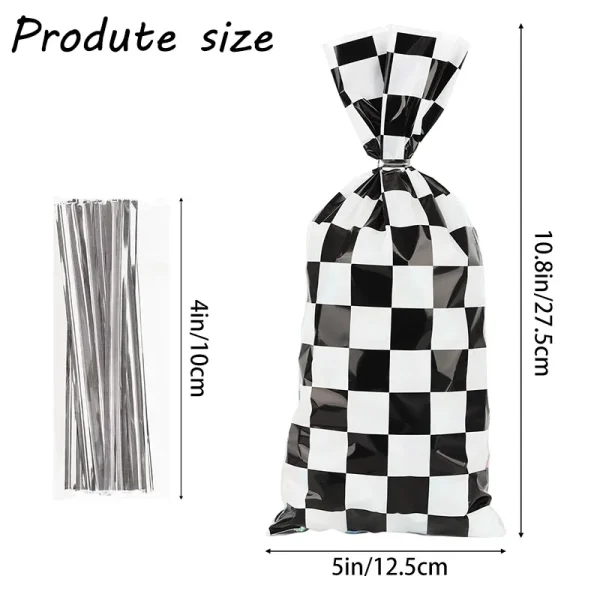 25/50pcs Race Car Party Gift Bags Black and White Checkered Candy Bags Racing Theme Cellophane Bags with Twist Ties 3