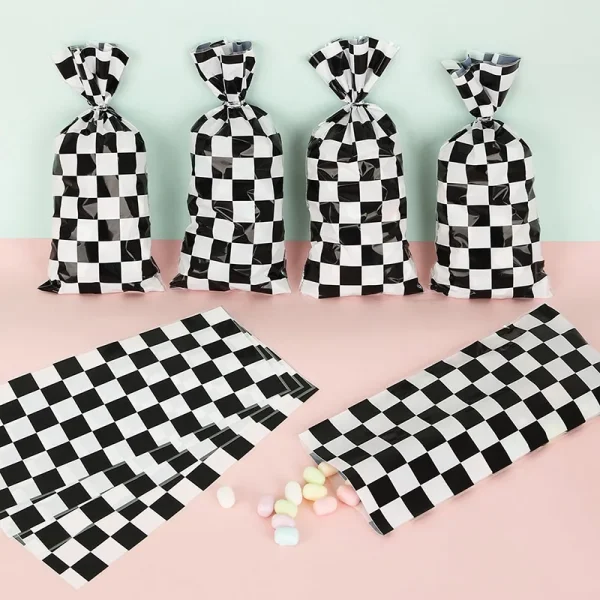 25/50pcs Race Car Party Gift Bags Black and White Checkered Candy Bags Racing Theme Cellophane Bags with Twist Ties 4