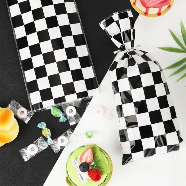 25/50pcs Race Car Party Gift Bags Black and White Checkered Candy Bags Racing Theme Cellophane Bags with Twist Ties 5