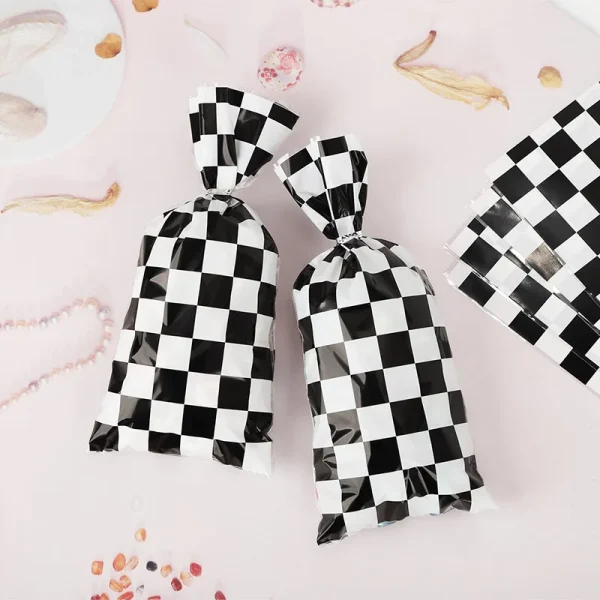 25/50pcs Race Car Party Gift Bags Black and White Checkered Candy Bags Racing Theme Cellophane Bags with Twist Ties 6