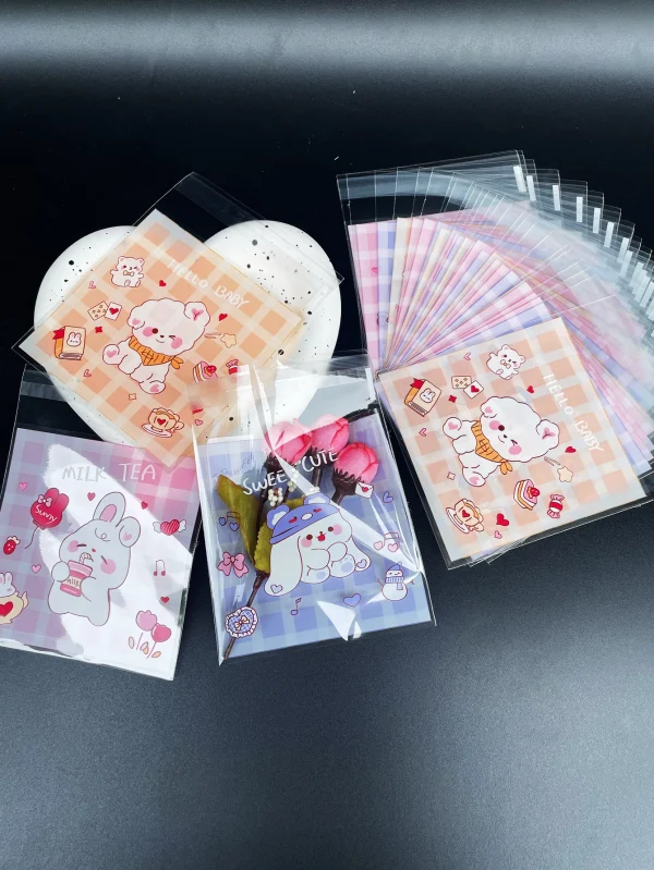 100pcs Cute Bunny Dog Print Opp Bag, Gift Candy Decorative Bag, Birthday Party Wedding Dinner Gift Bags 2