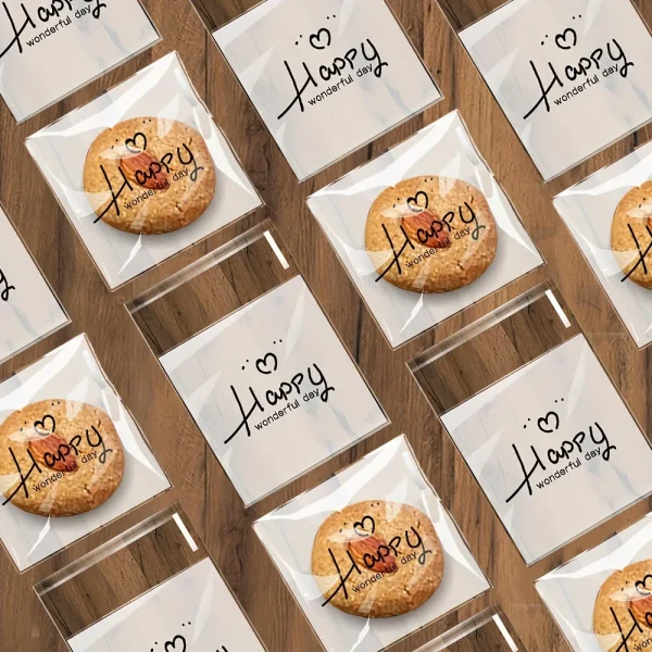 100PCS Self-Adhesive Plastic Gift Bags with "Nice Day" & "Happy" Print - Assorted Sizes for Cookies, Candies, Snacks 2