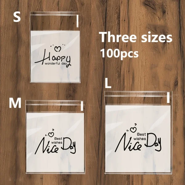 100PCS Self-Adhesive Plastic Gift Bags with "Nice Day" & "Happy" Print - Assorted Sizes for Cookies, Candies, Snacks 3