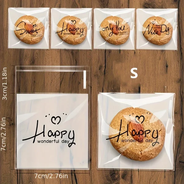 100PCS Self-Adhesive Plastic Gift Bags with "Nice Day" & "Happy" Print - Assorted Sizes for Cookies, Candies, Snacks 4