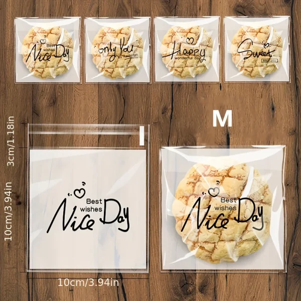 100PCS Self-Adhesive Plastic Gift Bags with "Nice Day" & "Happy" Print - Assorted Sizes for Cookies, Candies, Snacks 5