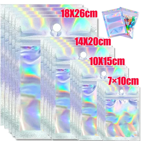 Resealable Laser Ziplock Bags Packaging Holographic Envelopes Flat Clear Plastic Candy Jewelry Food Storage Bag Multiple Sizes 1