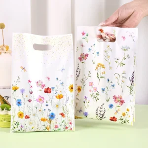 10/20/50pcs Spring Wildflowers Plastic Gift Bags, Floral Grass Butterfly Design Handheld Bag for Wedding, Mother's Day, Birthday 1