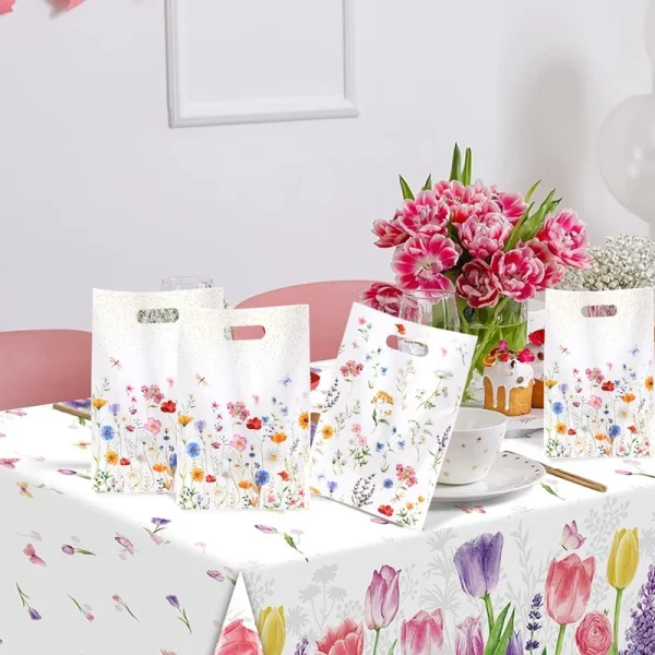10/20/50pcs Spring Wildflowers Plastic Gift Bags, Floral Grass Butterfly Design Handheld Bag for Wedding, Mother's Day, Birthday 6