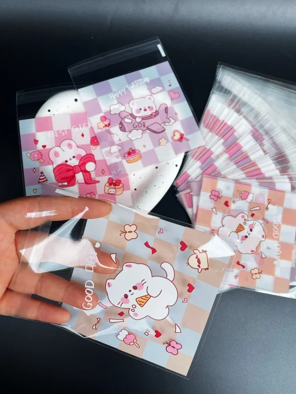 100pcs Cute Kitten Bunny Print Opp Bag, Small Plane Pattern Gift Candy Decorative Bag For Party 1