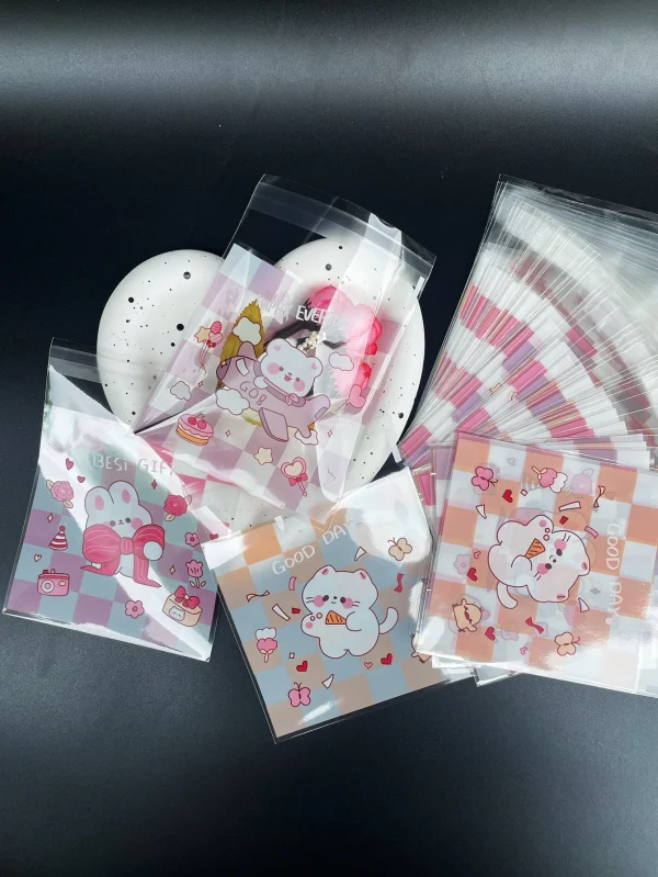 100pcs Cute Kitten Bunny Print Opp Bag, Small Plane Pattern Gift Candy Decorative Bag For Party 2