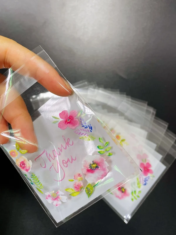 100pcs Flower Printed Self-sealing Bag, DIY Gift Candy Decorative Bags, Thank You Printed Opp Bag for Wedding Birthday Party 2
