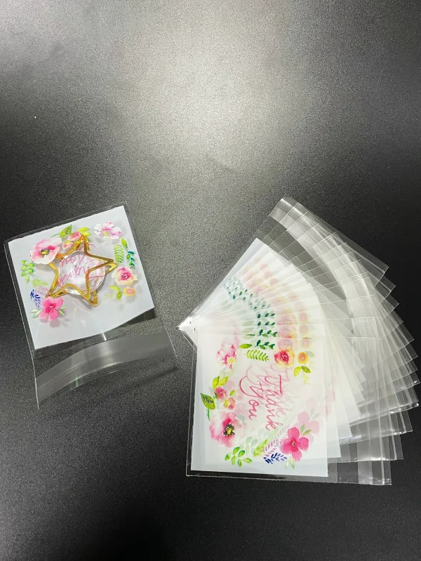 100pcs Flower Printed Self-sealing Bag, DIY Gift Candy Decorative Bags, Thank You Printed Opp Bag for Wedding Birthday Party 3