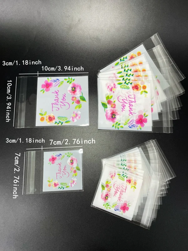 100pcs Flower Printed Self-sealing Bag, DIY Gift Candy Decorative Bags, Thank You Printed Opp Bag for Wedding Birthday Party 4