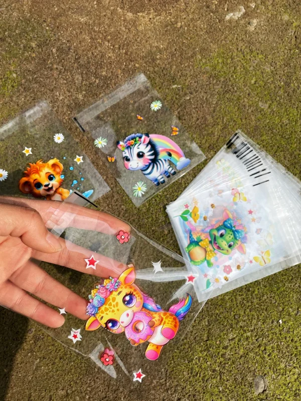 100pcs Cute Small Animal Pattern Gift Packed Transparent Opp Self-sealing Bag, Zebra Giraffe Lion Printed Stationery Gift Gags 1