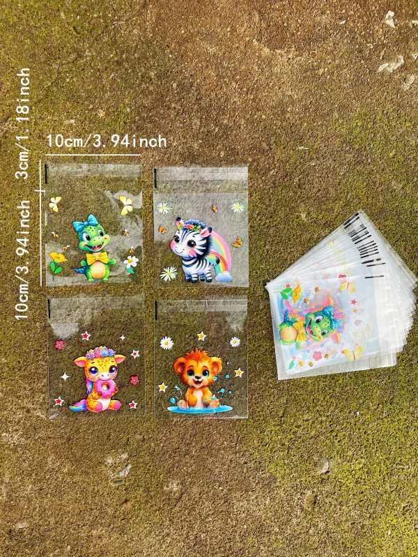 100pcs Cute Small Animal Pattern Gift Packed Transparent Opp Self-sealing Bag, Zebra Giraffe Lion Printed Stationery Gift Gags 2
