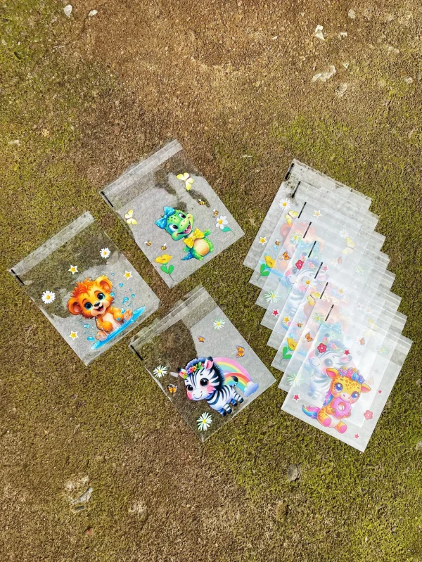100pcs Cute Small Animal Pattern Gift Packed Transparent Opp Self-sealing Bag, Zebra Giraffe Lion Printed Stationery Gift Gags 3