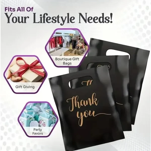 100PCS Black Thank You Bag Plastic Handheld Thank You Gift Packaging Anniversary Christmas Birthday Wedding  Party 4