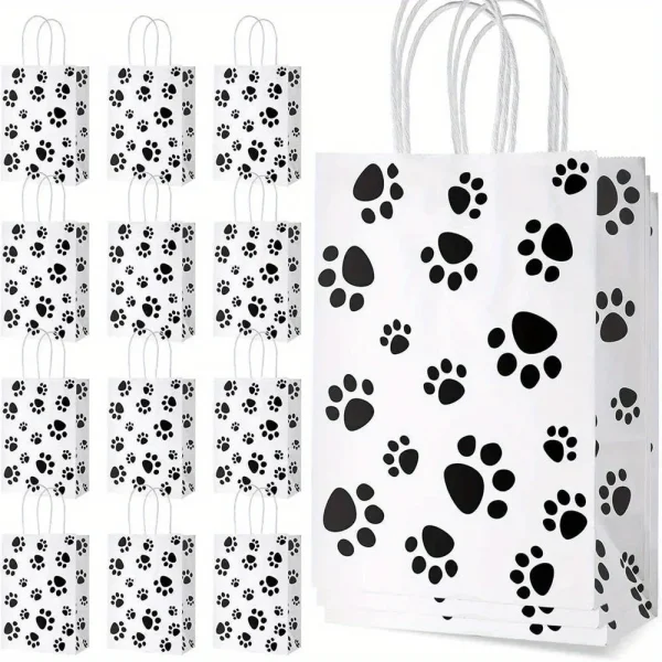 12pcs Black Dog Paw Print Paper Candy Bags Gift Bags With Handles For Cat Pet Theme Birthday Party Decorations 1