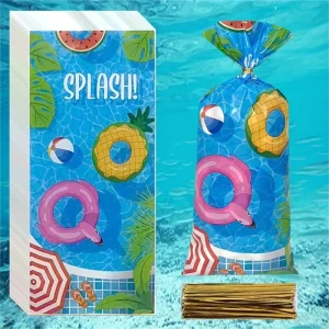 50-Piece Ocean-Themed Pool Party Treat Bags With Twist Ties - Cartoon Swim Ring Design, Perfect For Candy & Cookies, Ide 1