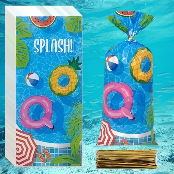 50-Piece Ocean-Themed Pool Party Treat Bags With Twist Ties - Cartoon Swim Ring Design, Perfect For Candy & Cookies, Ide 1