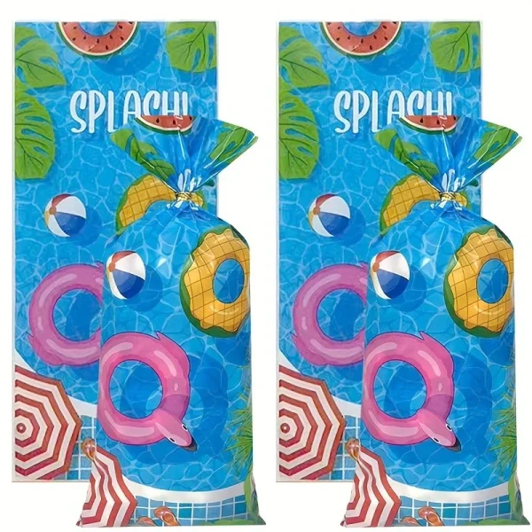 50-Piece Ocean-Themed Pool Party Treat Bags With Twist Ties - Cartoon Swim Ring Design, Perfect For Candy & Cookies, Ide 2