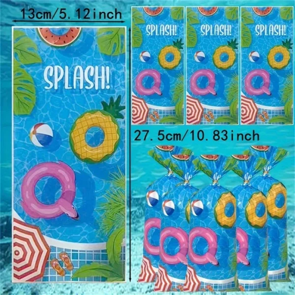 50-Piece Ocean-Themed Pool Party Treat Bags With Twist Ties - Cartoon Swim Ring Design, Perfect For Candy & Cookies, Ide 3
