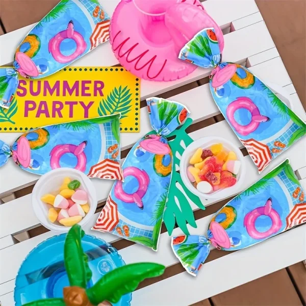 50-Piece Ocean-Themed Pool Party Treat Bags With Twist Ties - Cartoon Swim Ring Design, Perfect For Candy & Cookies, Ide 4