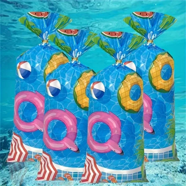 50-Piece Ocean-Themed Pool Party Treat Bags With Twist Ties - Cartoon Swim Ring Design, Perfect For Candy & Cookies, Ide 5