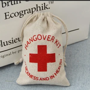 10Pcs/Lot 10x15cm Personalized Red Cross Hangover Kit Bags Cotton Linen Bags Drawstring Gift Pouches For Wedding Party Bag 1