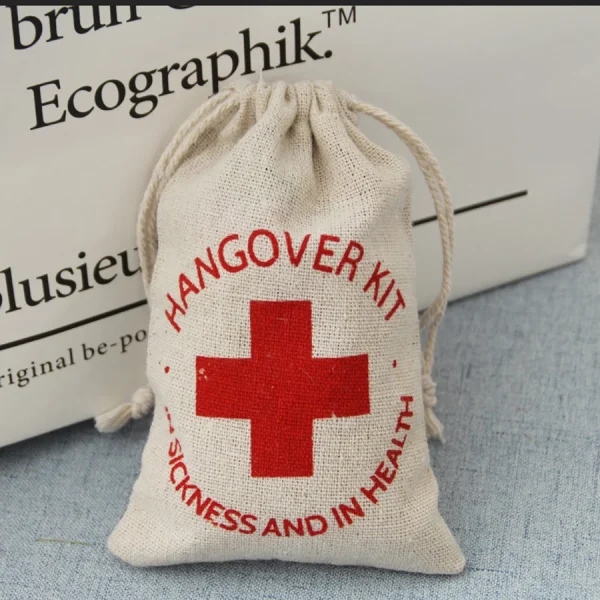 10Pcs/Lot 10x15cm Personalized Red Cross Hangover Kit Bags Cotton Linen Bags Drawstring Gift Pouches For Wedding Party Bag 1