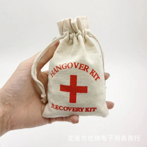 10Pcs/Lot 10x15cm Personalized Red Cross Hangover Kit Bags Cotton Linen Bags Drawstring Gift Pouches For Wedding Party Bag 5