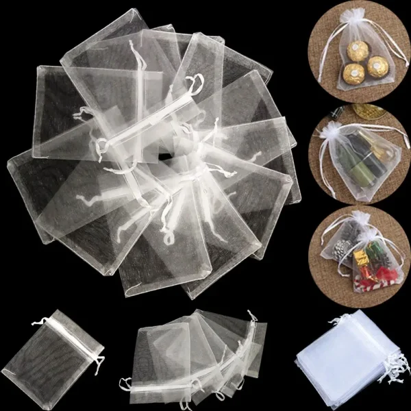 25/50PCS Drawable Party Supply Christmas Favor Jewelry Packing White Pouches Drawstring Pocket Organza Gauze Sachet Gift Bags 3