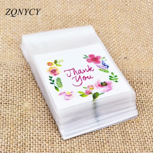 100Pcs Plastic Bags Thank you Cookie&Candy Bag Self-Adhesive For Wedding Birthday Party Gift Bag Biscuit Baking Packaging Bag 1