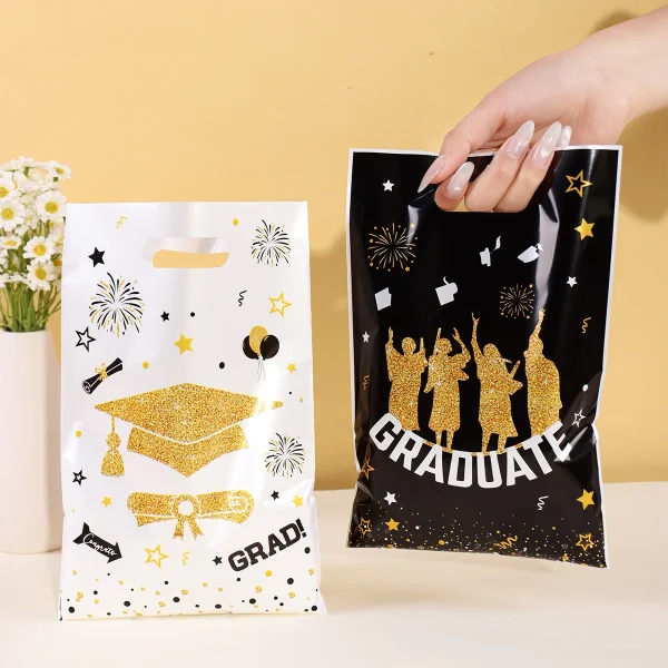 10/20/50pcs Black White Graduation Plastic Gift Bags Congrats GRAD Candy Bags for Biscuit Packing Class of 2025 Party Favor Bag 5