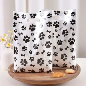 10/20/50pcs Dog Paw Black White Gift Bags with Handle - Plastic Animal Theme Party Decoration Candy Goodie Bags for Pet Treats 1